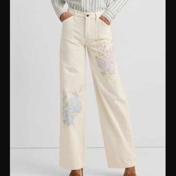 NEW Lauren Ralph Lauren Womens 12 Printed High-Rise Wide Mascarpone Cream Wash - Picture 1 of 10